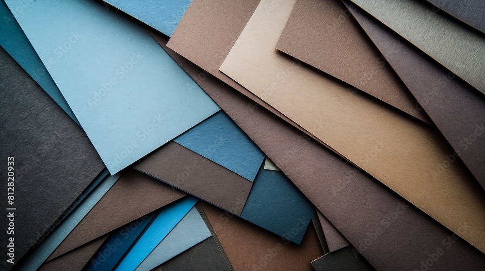 Poster from above layout of colorful cardboard sheets in brown and grey shades : generative ai