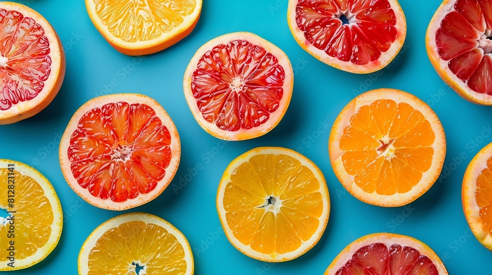 Aufkleber Colorful fruit pattern of fresh orange and grapefruit slices on blue background From top view : Generative AI
