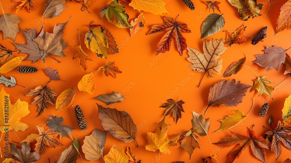 Poster Frame of different dry leaves on an orange background flat flat top view copy space Autumn composition screensaver Creative layout of colorful autumn leaves Autumn season concept : Generative AI