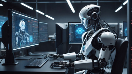 Obraz premium A strong artificial intelligence robot sitting at a desk with a computer monitor in data center background