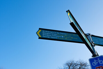 Glasgow Scotland: 12th Feb 2024: Glasgow Green direction sign posts. George Square, Catherdal, Glasgow Cross St Andrews