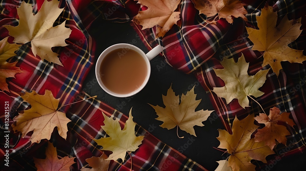 Wall mural Autumn composition Cup of coffee plaid autumn leaves on black background Flat lay top view copy space : Generative AI - Wall murals
