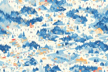 A seamless pattern of the city, featuring small figures doing different activities like walking and swimming in green spaces, surrounded by buildings