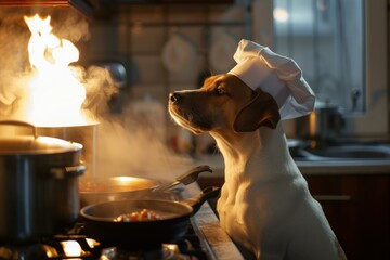 Adorable dog wearing a chef's hat attentively cooking with flames in a home kitchen