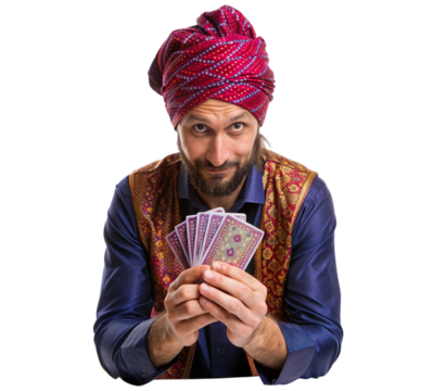 Person with cards dressed as a fortune teller