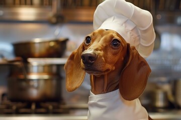 Adorable dachshund dog dressed as a chef in a professional kitchen setting
