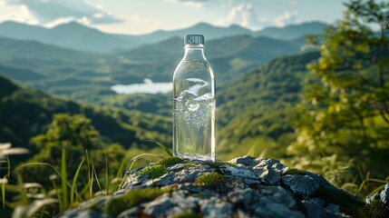 A clear glass water bottle with a metal cap stands on top of the mountain, overlooking green mountains and forests in front of it. 
