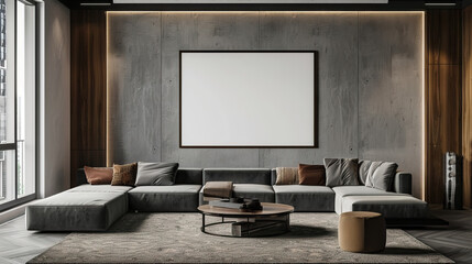 Stylish cozy living room interior with grey couch, panoramic window on tropics and mock up canvas poster.