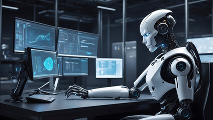 A strong artificial intelligence robot sitting at a desk with a computer monitor in data center background