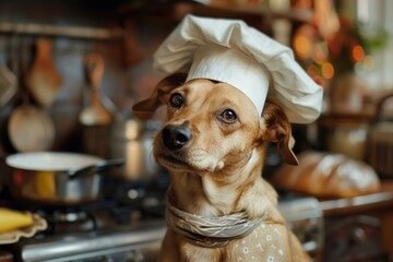 Cute dog dressed as a chef with a white hat, posing in a homey kitchen setting