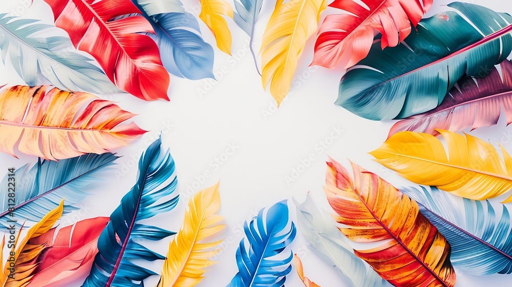Aufkleber Creative layout made of colorful tropical leaves on white background Minimal summer exotic concept with copy space Border arrangement : Generative AI
