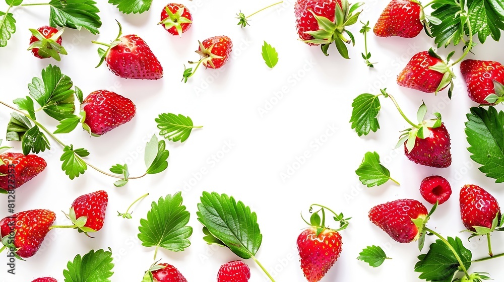 Poster fresh strawberry fruits and leaves composition and creative border on white background healthy eatin