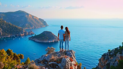 Fototapeta premium Lovers couple traveler stands together on hill rock over blue sea bay in Turkey butterfly valley Enjoy holiday vacation and beautiful traveling places : Generative AI