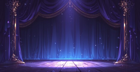 A stage with purple curtains and spotlights shining down, creating an atmosphere of mystery or...