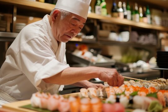 Experienced sushi chef in traditional attire concentrates on creating exquisite sushi in a professional kitchen setting