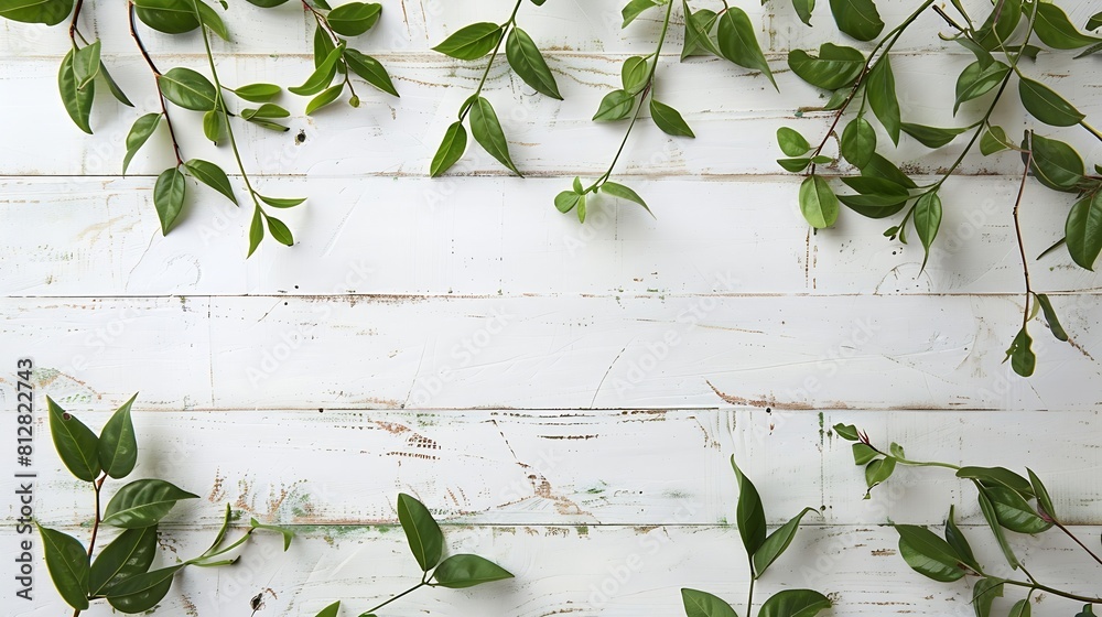 Leinwandbilder old white wooden background with green leaves top view copy space spring twigs on shabby background 