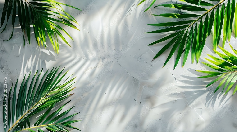 Poster summer green leaves of coconut palm and shadow free space for your decoration and gray background : 