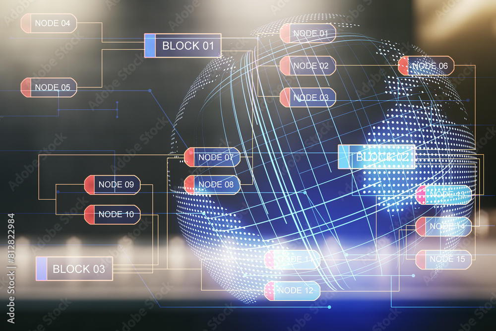 Poster Multi exposure of abstract programming language hologram and world map on contemporary business center exterior background, artificial intelligence and neural networks concept