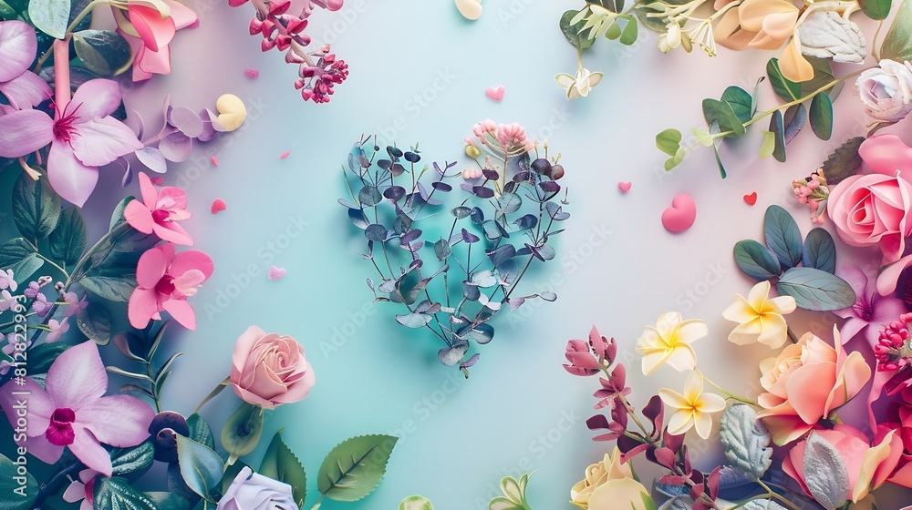 Poster creative layout with colorful flowers leaves and heart shape anniversary conceptflat lay : generativ
