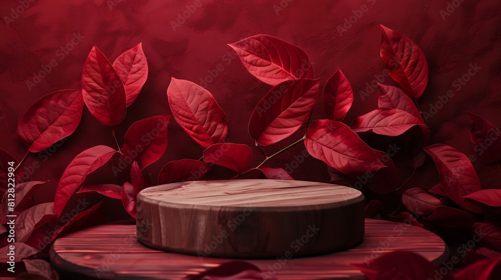 Aufkleber wooden podium with autumn red leaves minimal aesthetic background for product presentation : generat