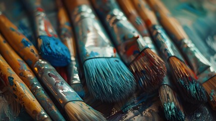 Fototapeta premium A collection of various painting brushes, including large and small bristles, arranged in an artist's palette. 