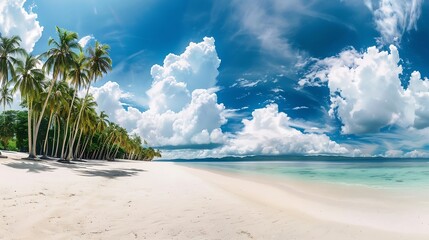 Beautiful beach with white sand turquoise ocean green palm trees and blue sky with clouds on Sunny day Summer tropical landscape panoramic view : Generative AI