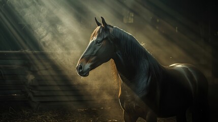 Dramatic lighting on powerful horse in shadowy stable.