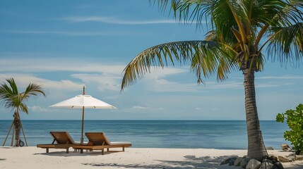 Beautiful tropical island scenery two sun beds loungers umbrella under palm tree White sand sea view with horizon idyllic blue sky calmness and relaxation Inspirational beach resort ho : Generative AI
