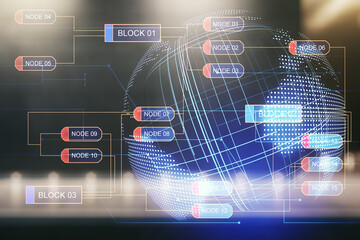 Multi exposure of abstract programming language hologram and world map on contemporary business...