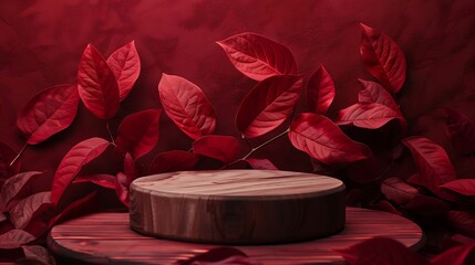 Wooden podium with autumn red leaves minimal aesthetic background for product presentation : Generative AI