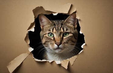 A cat is looking out of a hole in a wall