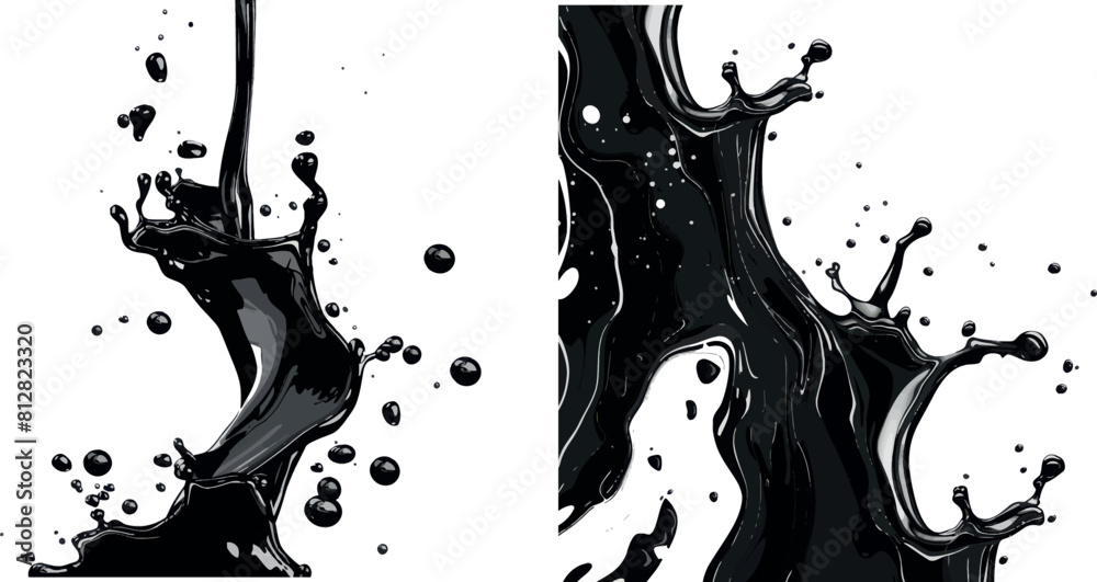 Poster black liquid splashes, swirl and waves with scatter drops. paint, oil or ink splashing dynamic motio