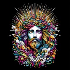 A colorful artwork of a jesus christ with a beard and colorful flowers image realistic photo card design illustrator.