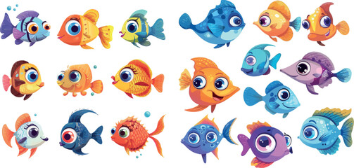 Cartoon set of cute sea fish. Vector illustration of ocean or marine underwater animal characters with funny big eyes and smiles