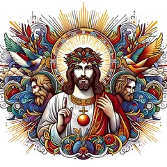 A colorful artwork of a jesus christ with a crown of thorns and two men photo has illustrative meaning has illustrative meaning card design illustrator.