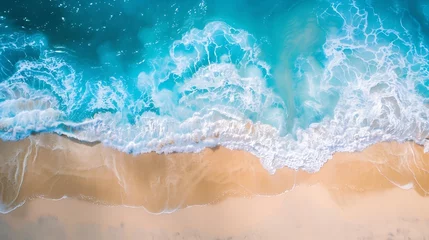 Fotobehang Relaxing aerial beach landscape summer vacation holiday Mediterranean Waves surf with amazing blue ocean lagoon sea shore coastline Tranquil aerial drone top view Peaceful bright beach : Generative AI © Generative AI
