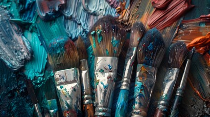 Fototapeta premium A collection of various painting brushes, including large and small bristles, arranged in an artist's palette. 