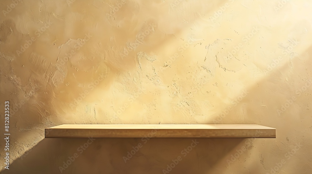 Aufkleber empty shelf on a beige textured plaster wall background with aesthetic floral sun light shadows prod