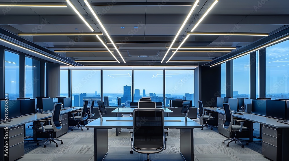 Poster Contemporary office setting with a spacious layout featuring darkhued desks ergonomic chairs a ceiling with striking linear lighting patterns and a serene view through a large window : Generative AI