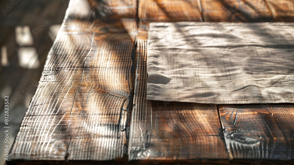 Poster Stylish and Versatile Rustic chic Use This Wooden Table and Napkin for Any Marketing Material Wrinkled tablecloth front view mockup perspective Sunny day background : Generative AI