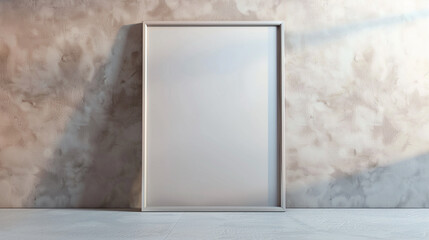 Vertical white frame on a gray matte wall, softly illuminated to draw attention to texture.