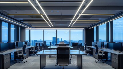 Contemporary office setting with a spacious layout featuring darkhued desks ergonomic chairs a ceiling with striking linear lighting patterns and a serene view through a large window : Generative AI