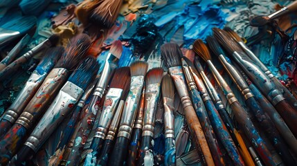 Obraz premium A collection of various painting brushes, including large and small bristles, arranged in an artist's palette. 