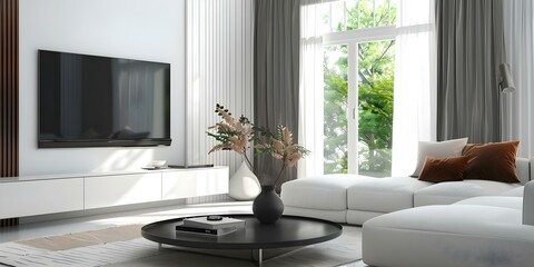 Mockup of TV wall in white living room for decorative purposes. Concept Home Decor, Living Room Design, Wall Art, Interior Styling, Decoration Ideas