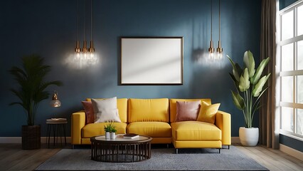 Interior of a modern living room with a blank white mockup frame on the wall, plants, minimalist furniture, concept of interior design