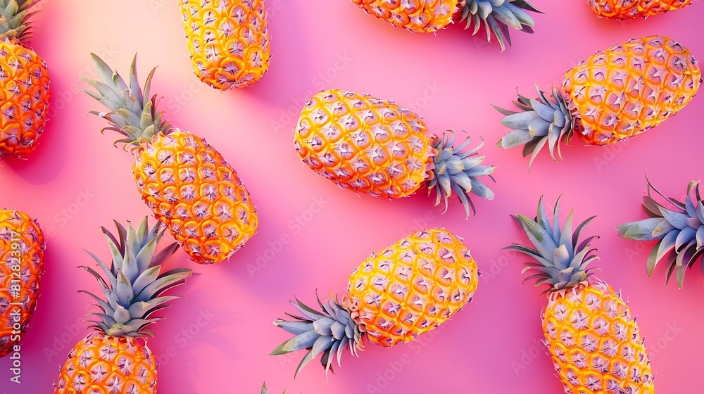 Aufkleber colorful fruit pattern of fresh pineapples on pink background from top view : generative ai