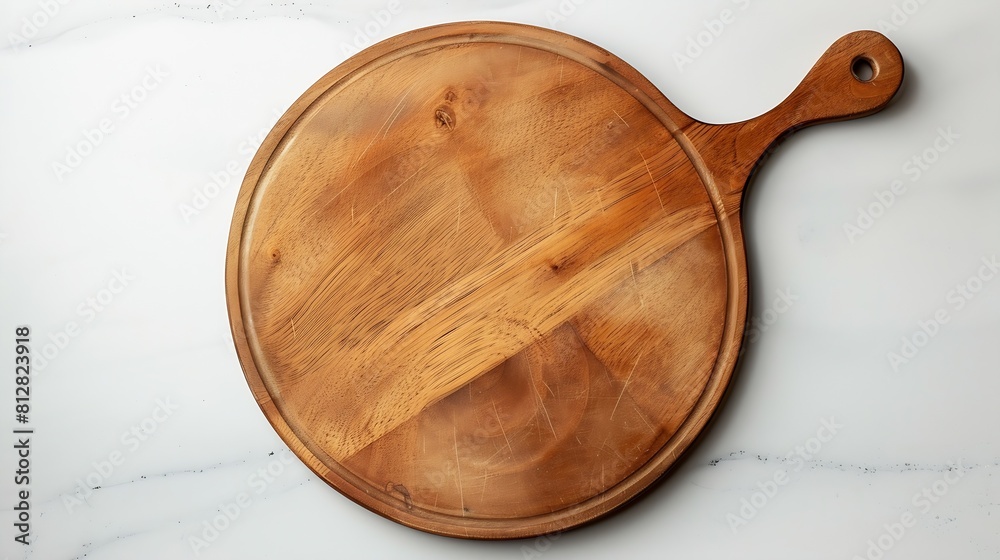 Fototapete round empty wooden charcuterie serving board with handle on a white or gray marble table top view ki