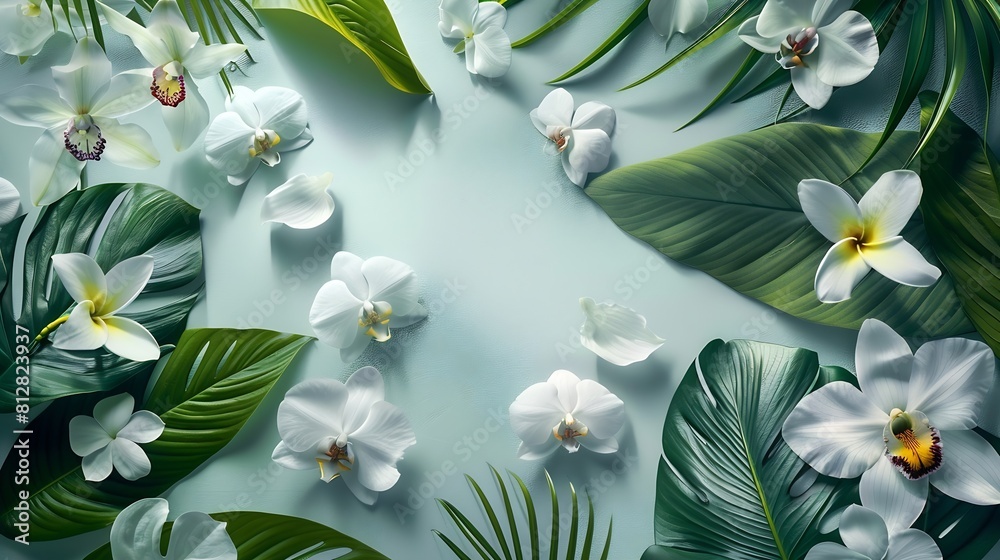 Wall mural Creative nature layout made of tropical leaves and flowers Flat lay Summer concept : Generative AI - Wall murals