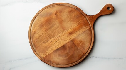 Round empty wooden charcuterie serving board with handle on a white or gray marble table top view Kitchenware template with copy space Flat lay design mockup Layout cooking concept fra : Generative AI