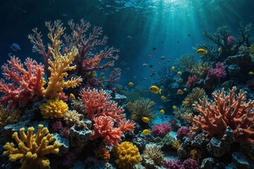 A colorful coral reef with a variety of fish swimming around